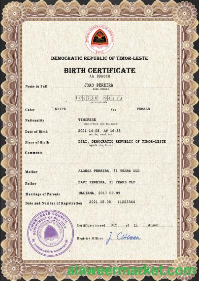 Timor-Leste vital record birth certificate PSD template